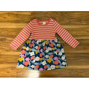 Hanna Andersson Mixie Dress, Coral/White Stripes with Blue Floral Print, Size 3T